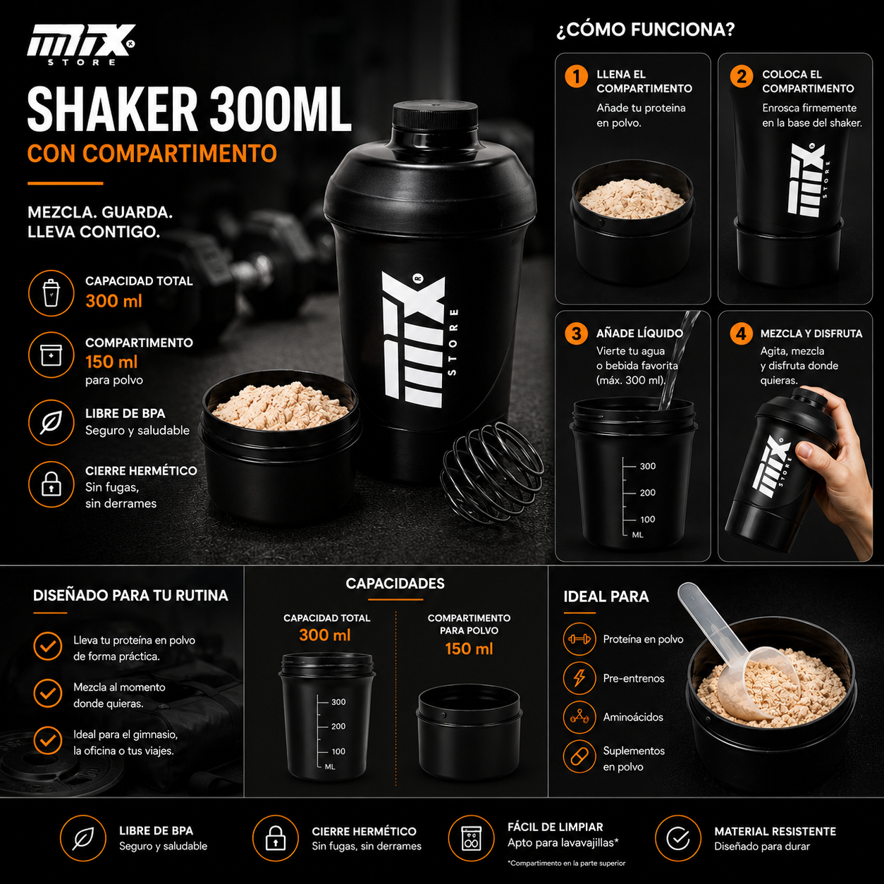 MTX Store DUOSHAKE™ - Shaker de 300 ml con compartimento de 150 ml