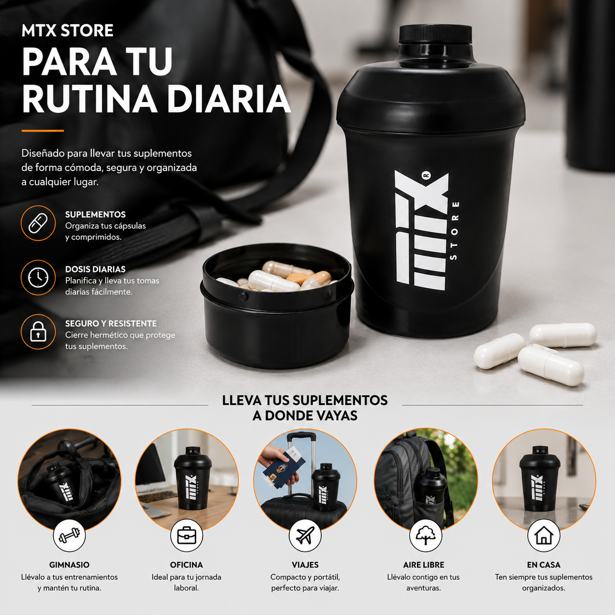 MTX Store DUOSHAKE™ - Shaker de 300 ml con compartimento de 150 ml