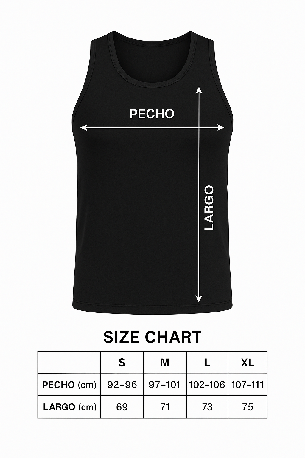 Guía de tallas para camisa sin mangas gimnasio hombre. Incluye medidas de pecho y largo en centímetros para tallas S a XL.