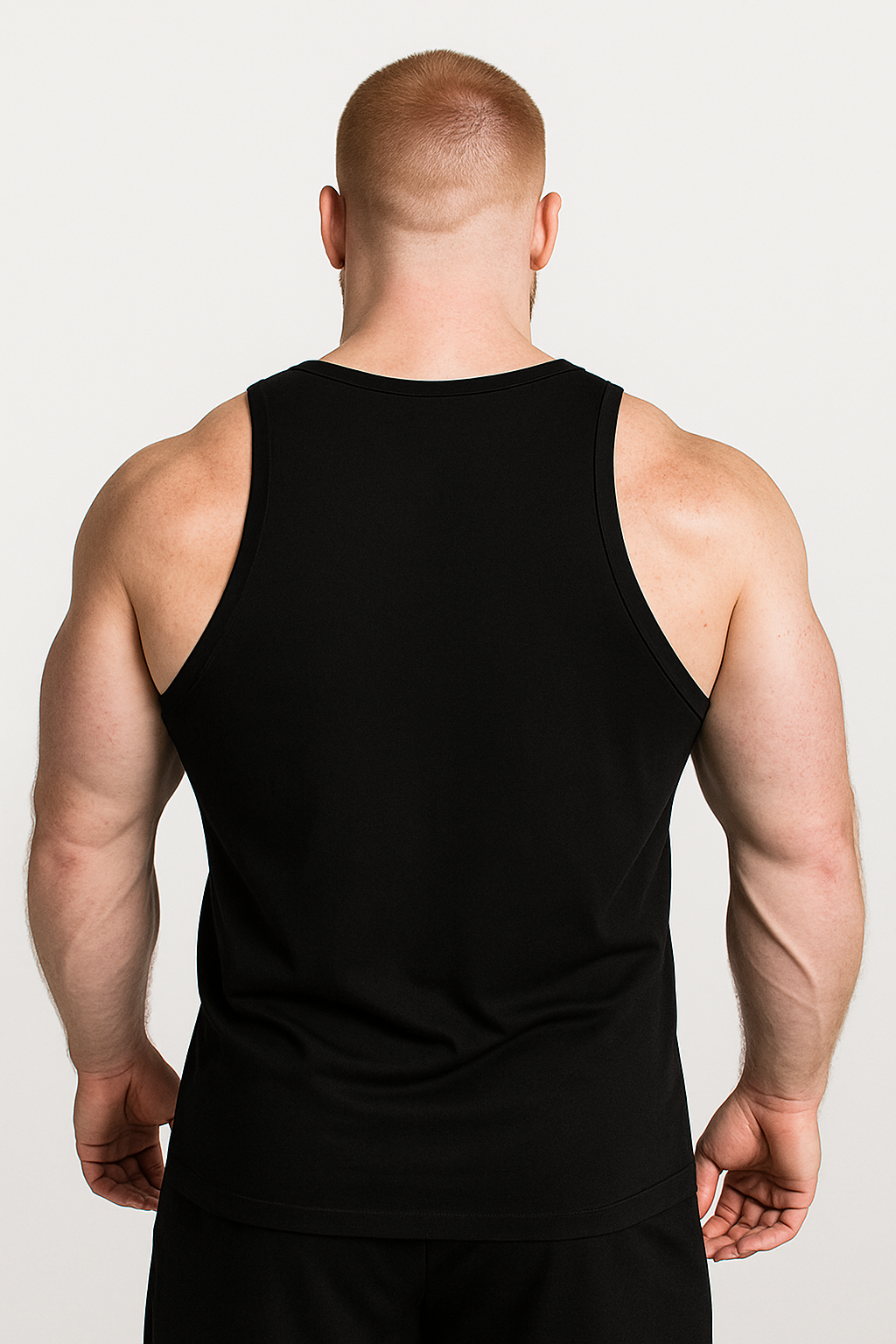 Vista trasera de camisa sin mangas gimnasio hombre negra. Corte ergonómico que permite libertad de movimiento al entrenar.