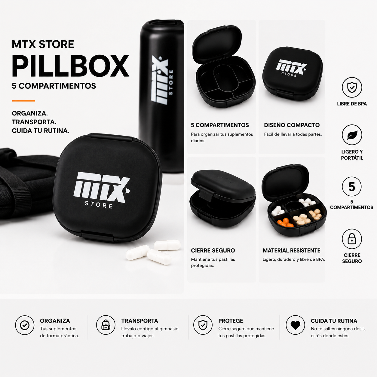 MTX Store DAILY PACK - Pastillero compacto de 5 compartimentos