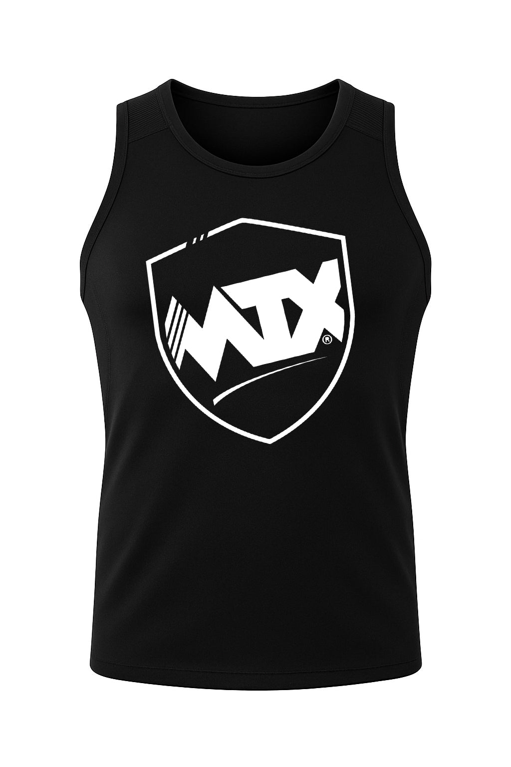 Camisa sin mangas gimnasio hombre negra con logo blanco MDX. Diseño ligero ideal para entrenamientos intensos y alto rendimiento.