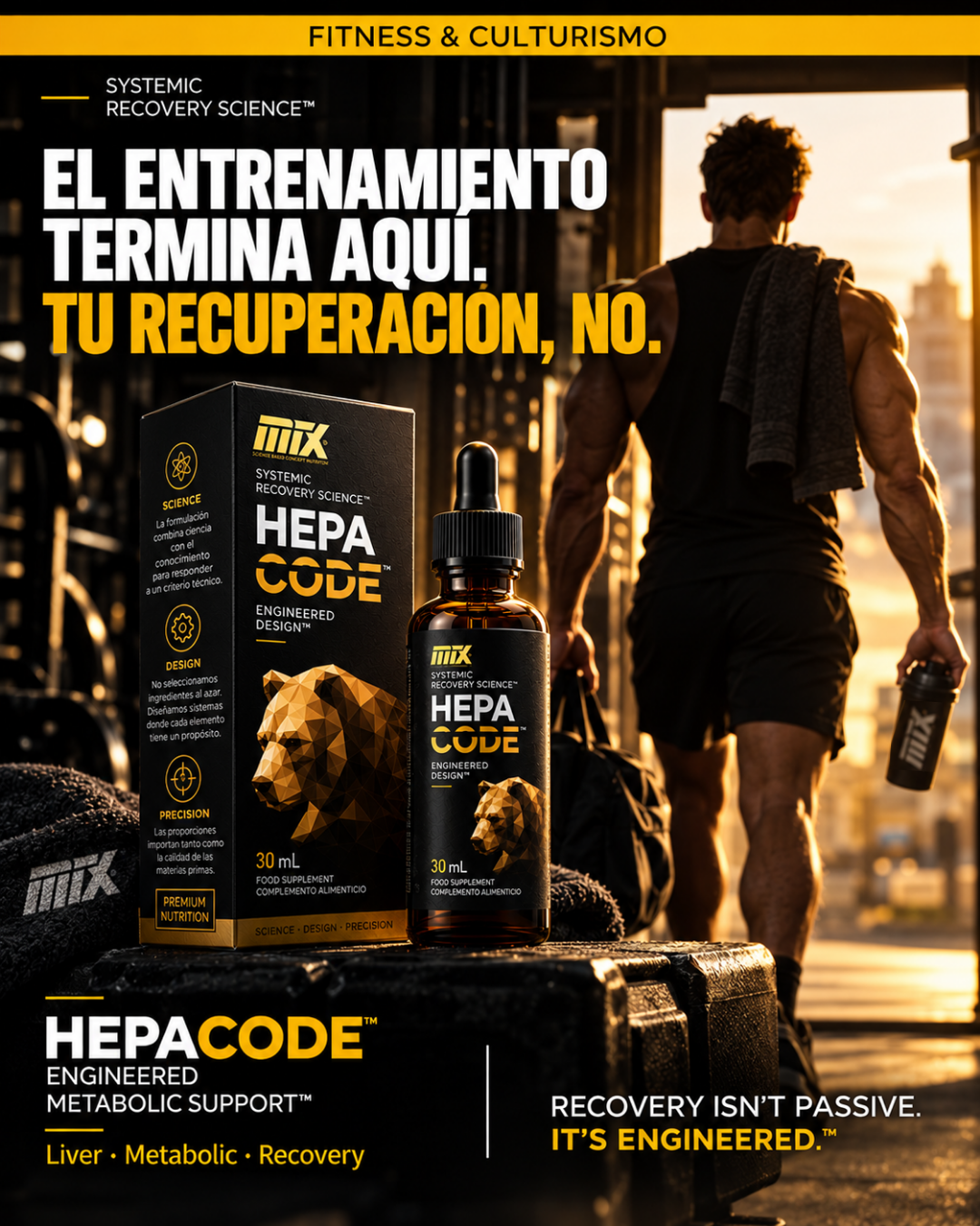 Hepacode 30 ml con frasco y caja en escena de entrenamiento